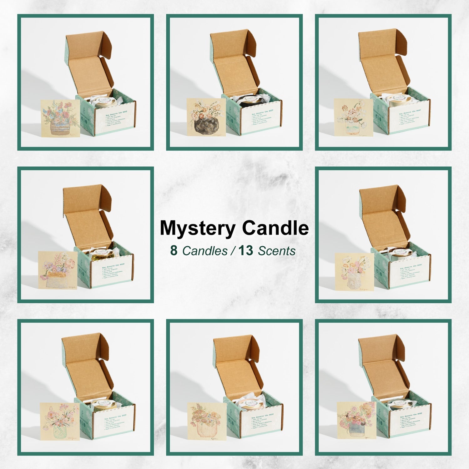 Mystery candle packaging with 8 candles and 13 scents on a white background