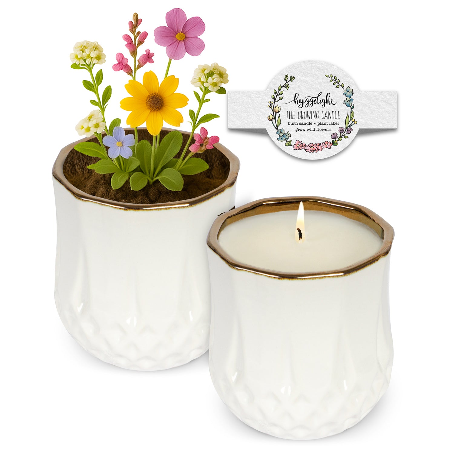Astrid Growing Candle – White & Gold Ceramic Candle with Plantable Label