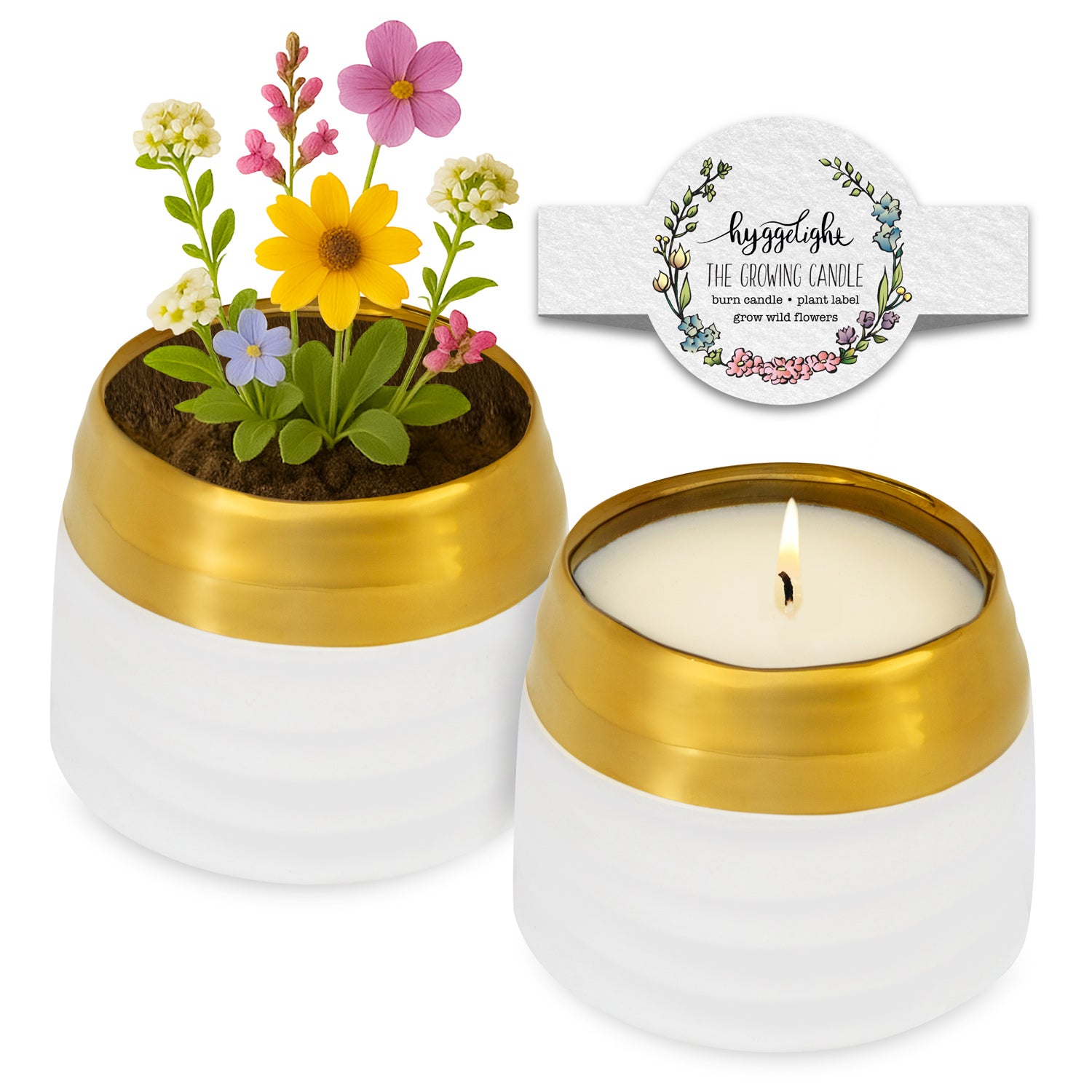 Clara Growing Candle – White & Gold Ceramic Candle with Plantable Label