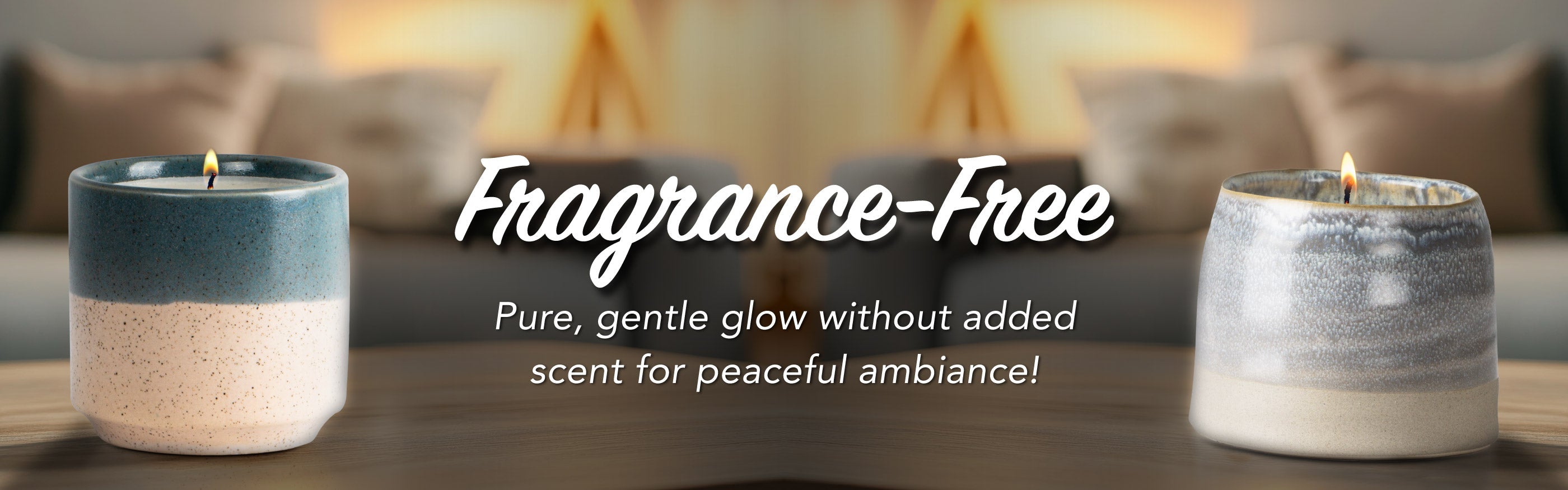Two candle containers with a text overlay on a blurred background