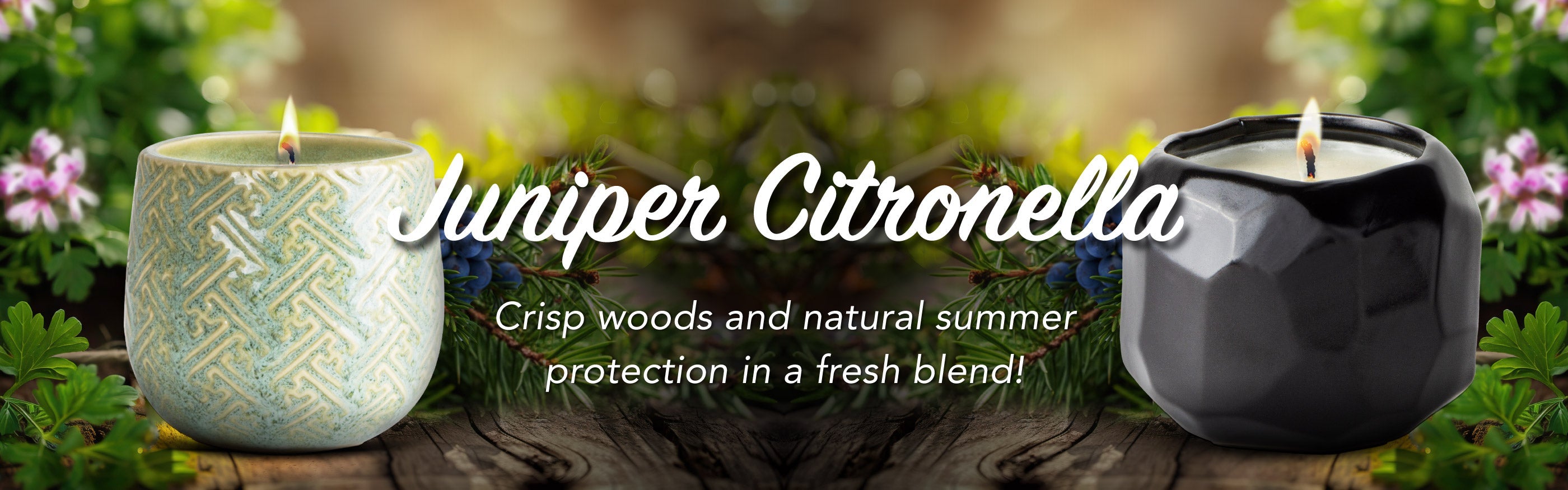 Two candles labeled 'Juniper Citronella' with a natural background of greenery and flowers.