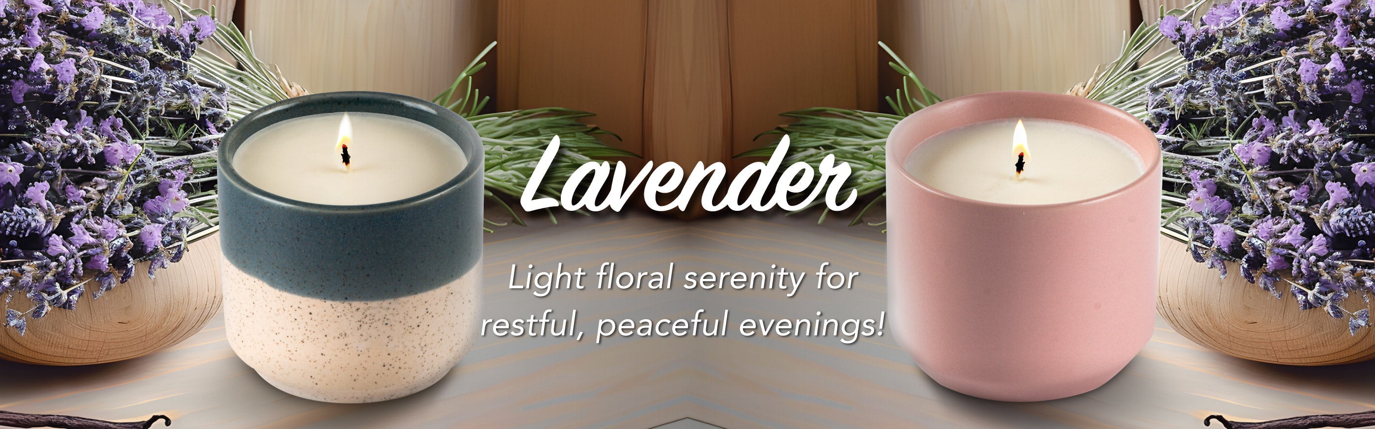 Two candles in decorative holders with lavender flowers on a wooden surface.