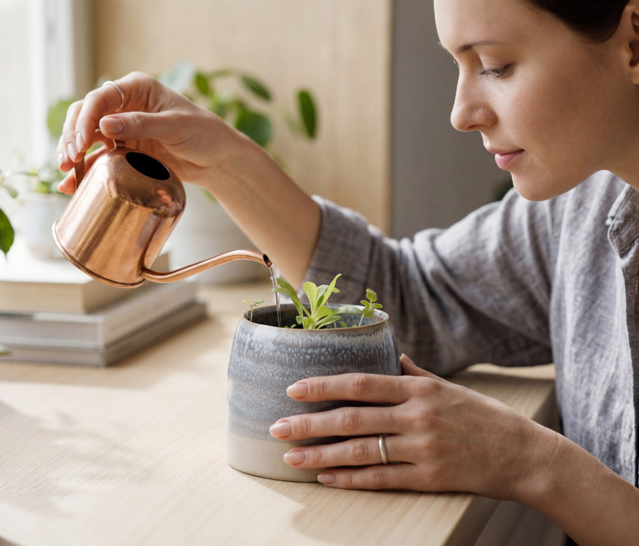 Person watering a small plant in a pot with a copper watering can on a wooden surface.